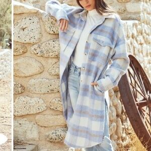 ACOA- Blue and Cream Plaid Fuzzy Button Down Jacket